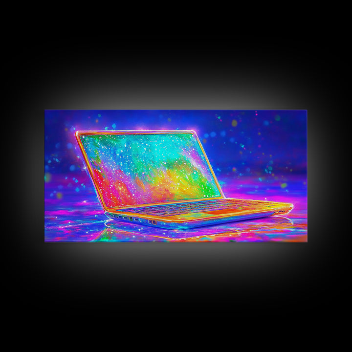 Neon Rainbow Laptop Canvas Print, Cyberpunk Office Wall Art, Tech Art, Gamer Room Decor, Futuristic Home Office Decor, Gift