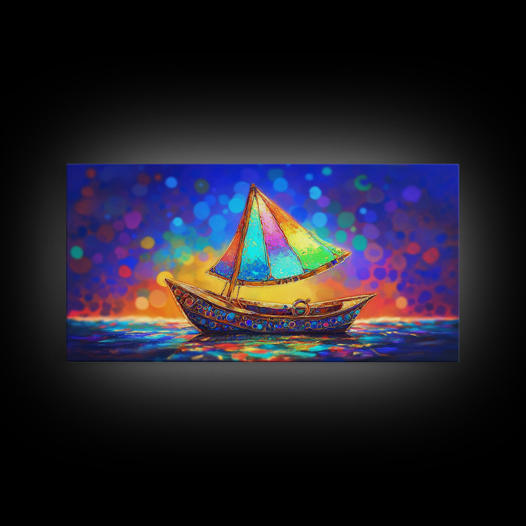 Glowing Rainbow Sailboat Canvas Print, Nautical Wall Art, Coastal Wall Decor, Ocean Nursery Decor, Beach House Decor, Seaside Art
