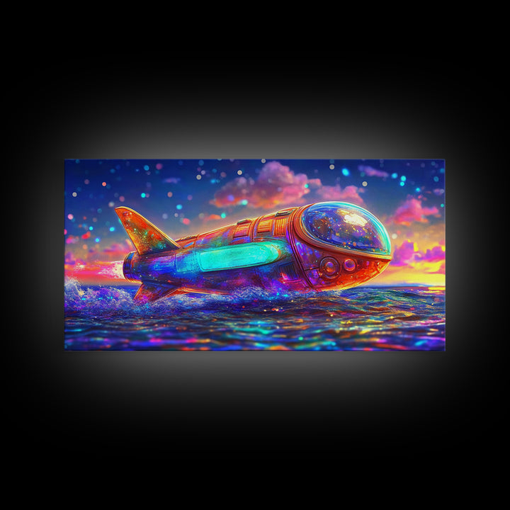Rainbow Rocket Submarine Canvas Print, Futuristic Ocean Wall Art, Sci Fi Wall Decor, Space Lover Gift, Coastal Nursery Art