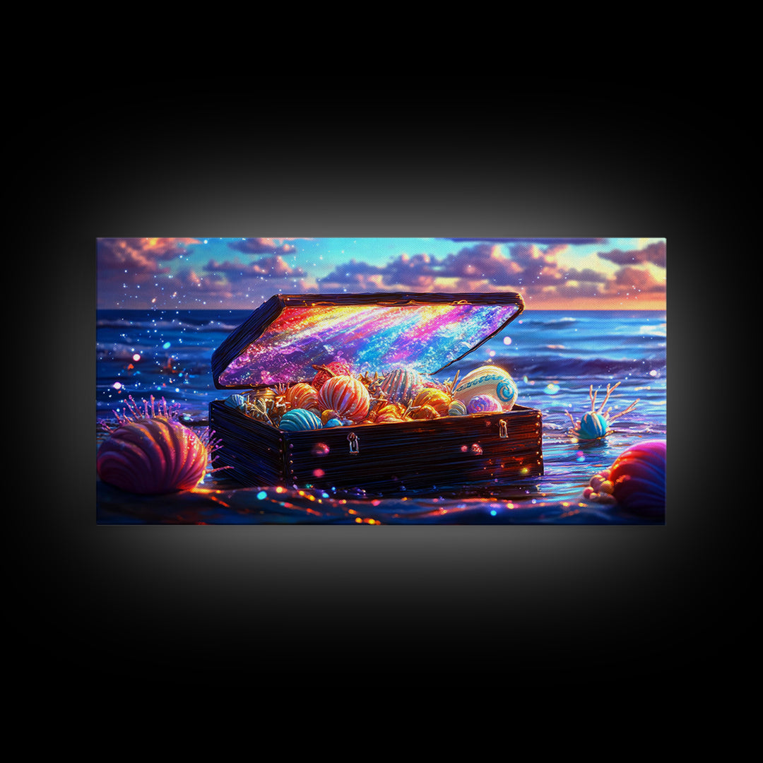 Glowing Sea Treasure Chest With Seashells Canvas Print, Coastal Wall Art, Beach House Decor, Ocean Art, Fantasy Gift, Home Decor
