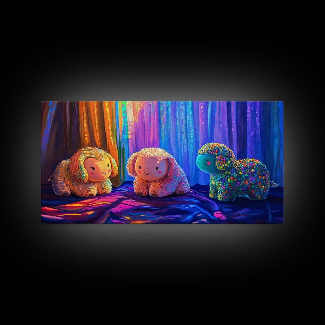 Smiling Plush Animals In Rainbow Curtain Glow Wall Art, Whimsical Animal Art, Nursery Decor, Kids Room Decor, Baby Gift, Cute Art