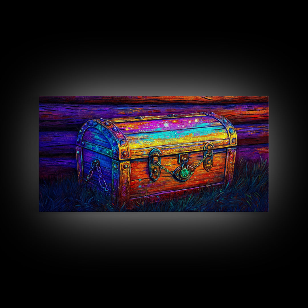Rainbow Wooden Treasure Chest In Moonlit Grass Canvas Print, Fantasy Art, Whimsical Decor, Rustic Wall Art, Unique Gift, Home Decor