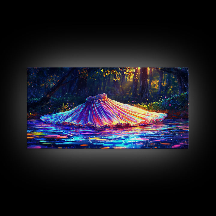 Iridescent Pleated Dress Floating In Forest Stream Wall Art, Fantasy Art, Whimsical Decor, Nature Wall Art, Statement Art