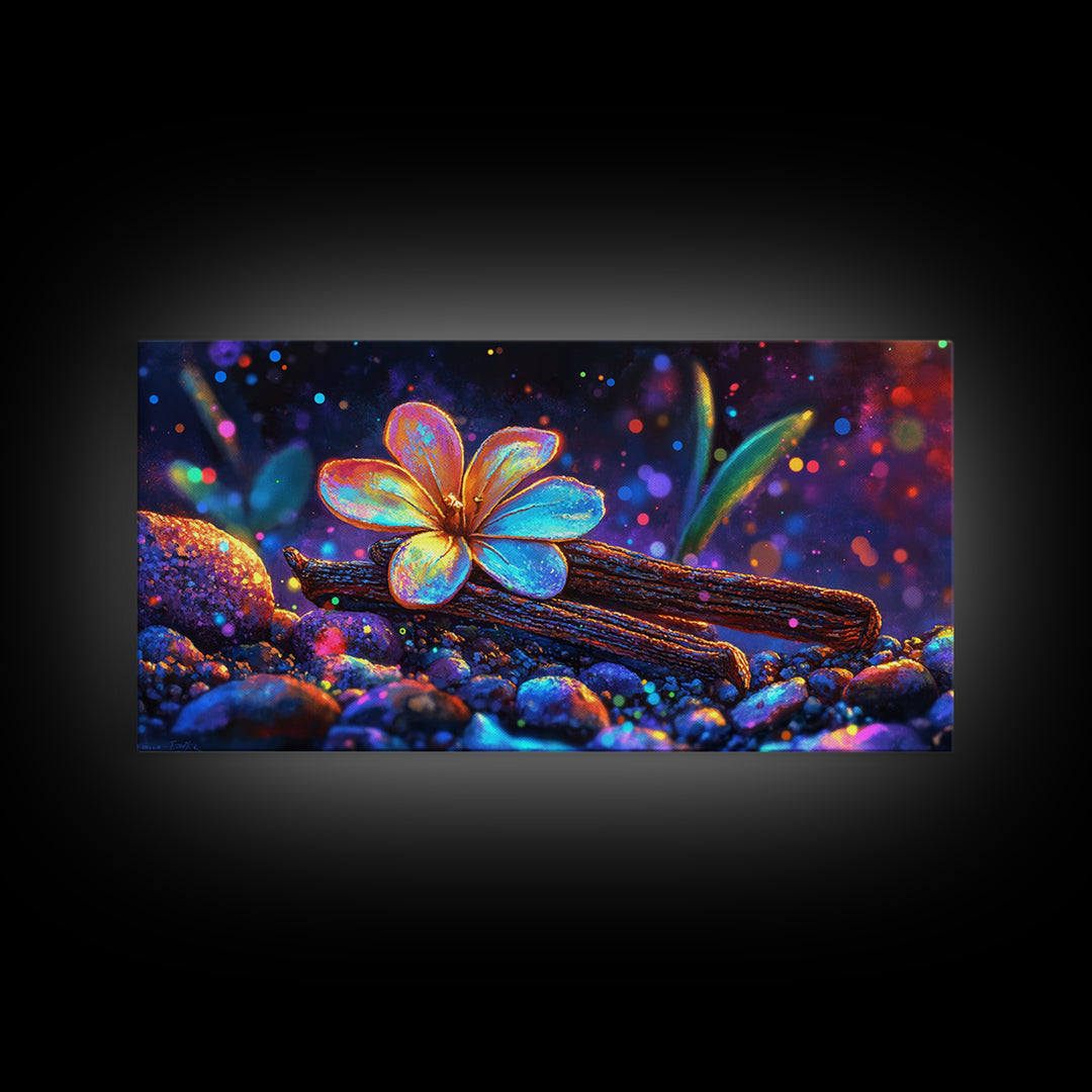 Glowing Flower On Driftwood Pebbles Framed Canvas Print, Nature Wall Art, Whimsical Decor, Botanical Art, Unique Gift, Home Decor