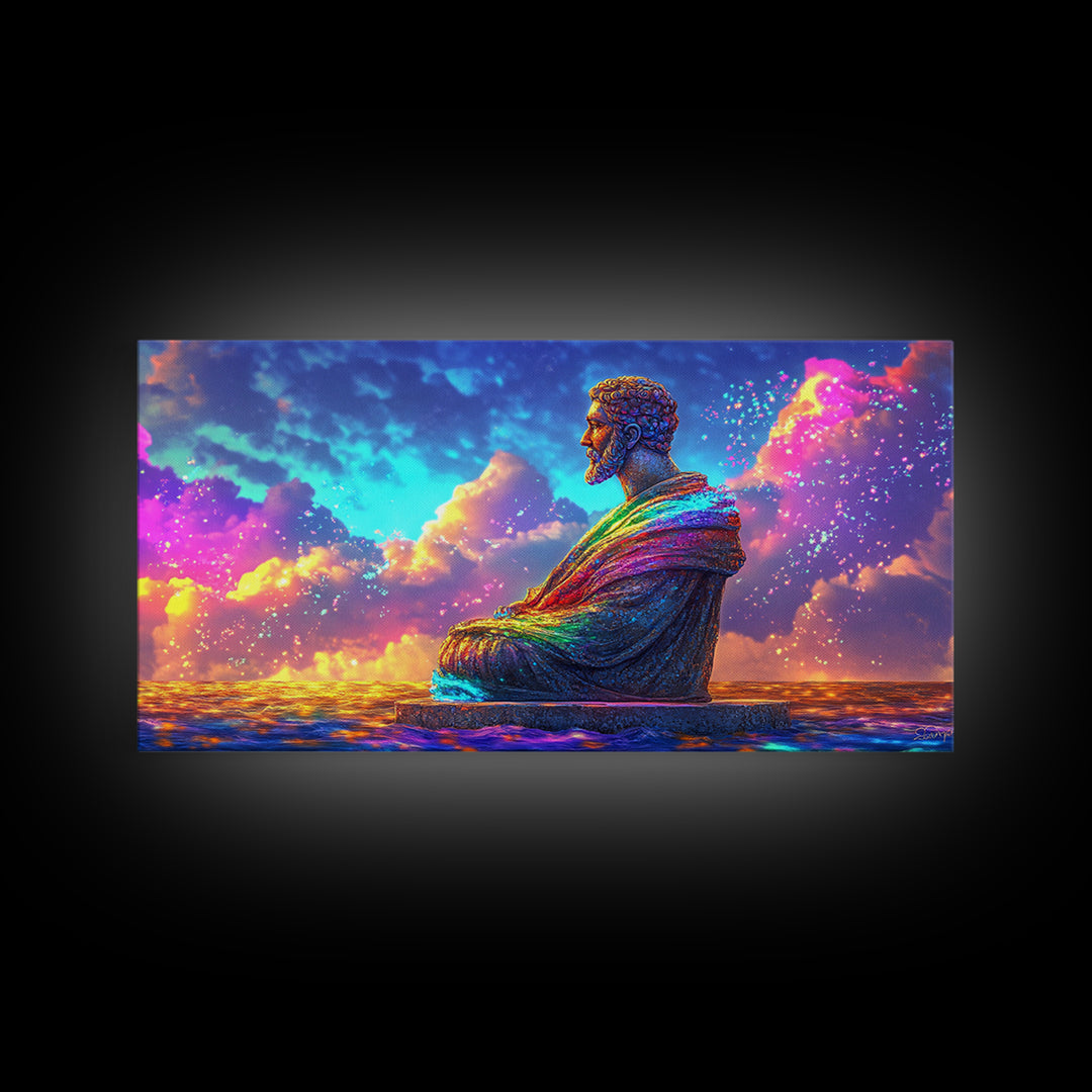Rainbow Buddha Statue At Ocean Sunset Wall Art, Meditation Room Decor, Spiritual Wall Art, Yoga Studio Decor, Zen Home Decor