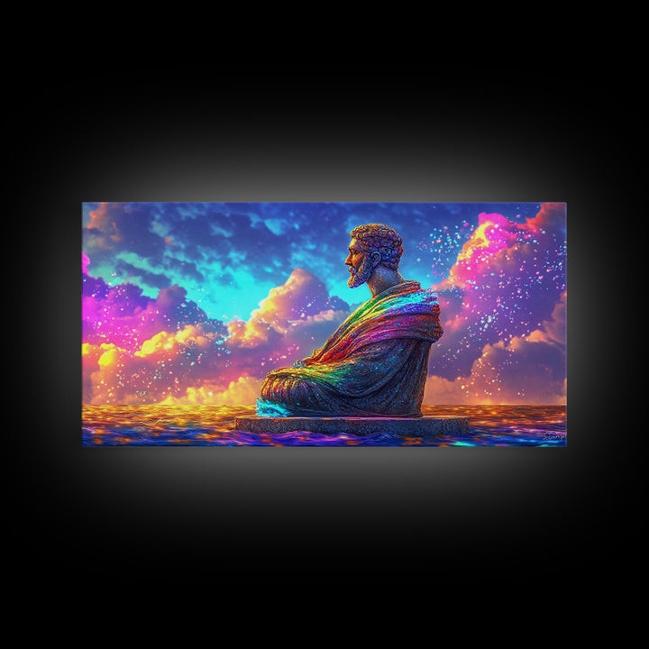 Rainbow Buddha Statue At Ocean Sunset Wall Art, Meditation Room Decor, Spiritual Wall Art, Yoga Studio Decor, Zen Home Decor