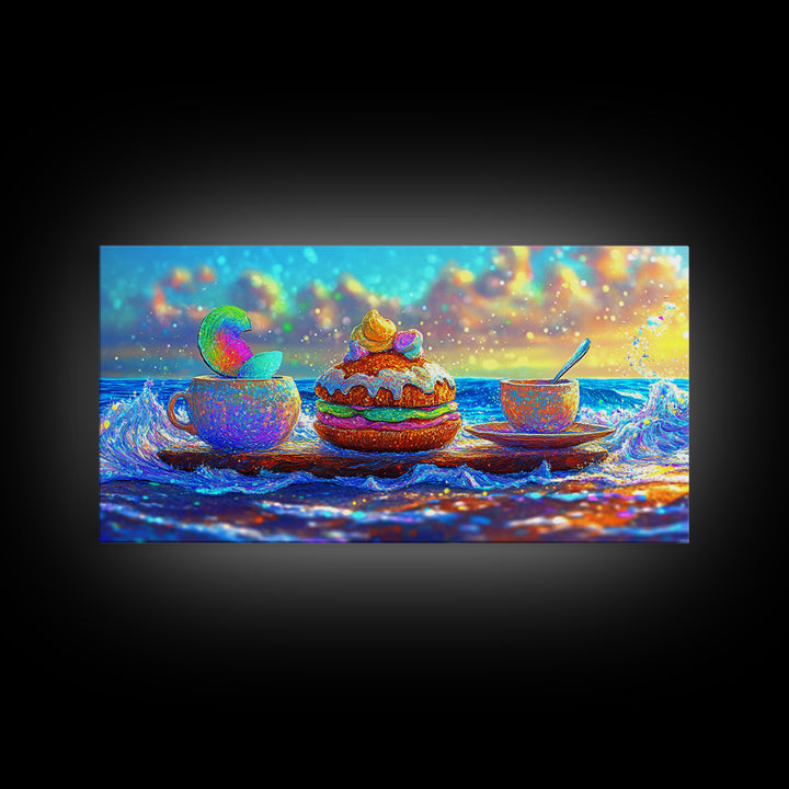 Whimsical Ocean Tea Cup And Macaron Canvas Print, Bakery Wall Art, Coastal Kitchen Decor, Dessert Art Gift For Her, Cafe Wall Decor