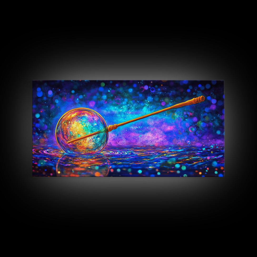 Glowing Cosmic Orb And Golden Wand Canvas Print, Mystical Celestial Wall Art, Modern Fantasy Home Decor, Witchy Gift For Her
