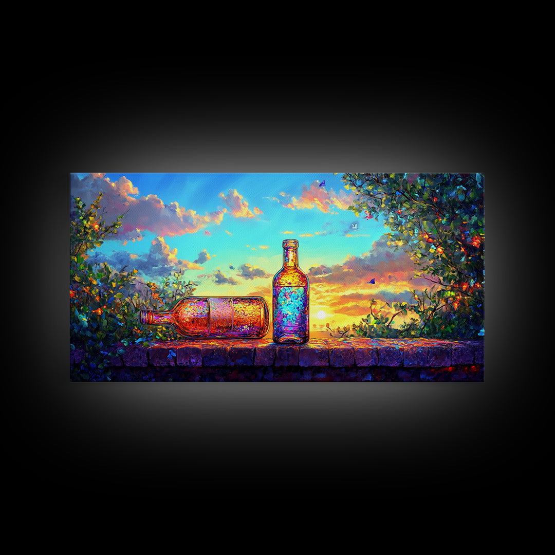 Sunset Garden Bottles On Stone Wall Framed Canvas Print, Colorful Wine Wall Art, Rustic Kitchen Decor, Housewarming Gift