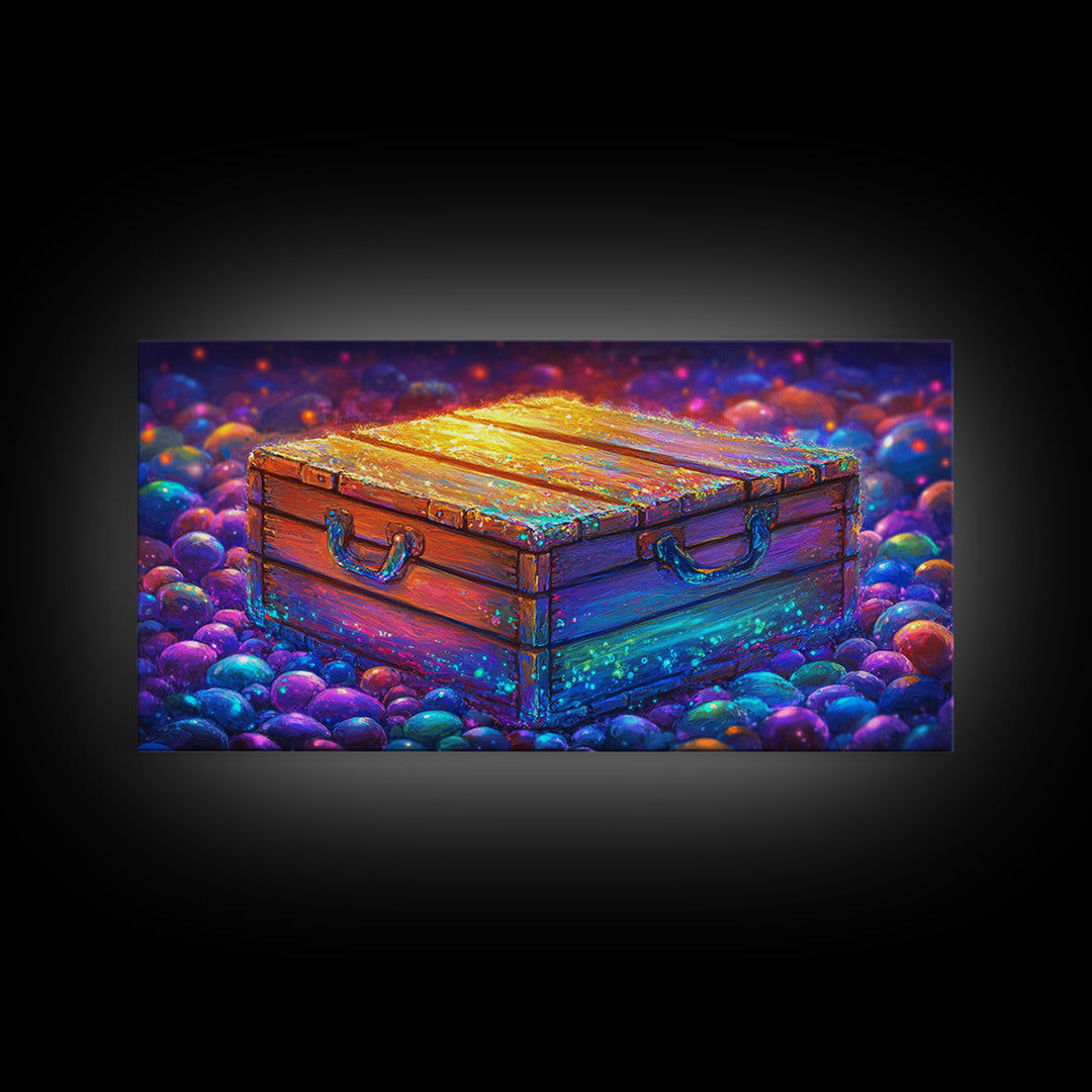 Glowing Wooden Treasure Chest Canvas Print, Whimsical Fantasy Wall Art, Colorful Rustic Home Decor, Unique Housewarming Gift