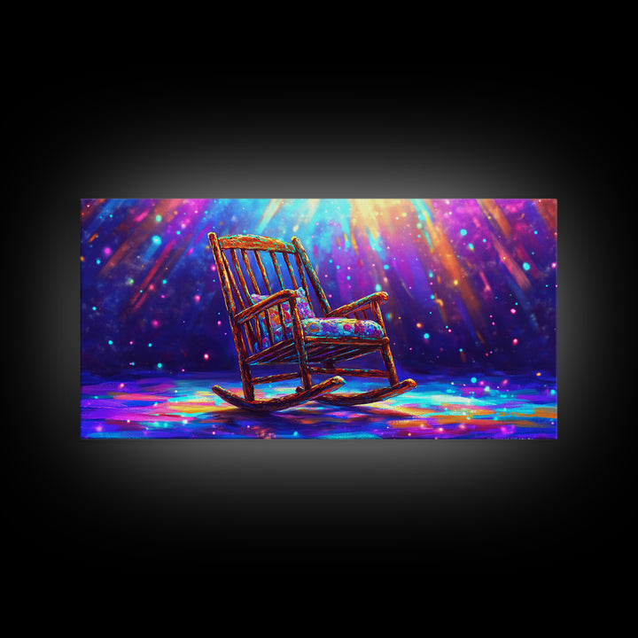 Rainbow Rocking Chair Under Spotlight Framed Canvas Print, Cozy Living Room Wall Art, Whimsical Home Decor, Housewarming Gift