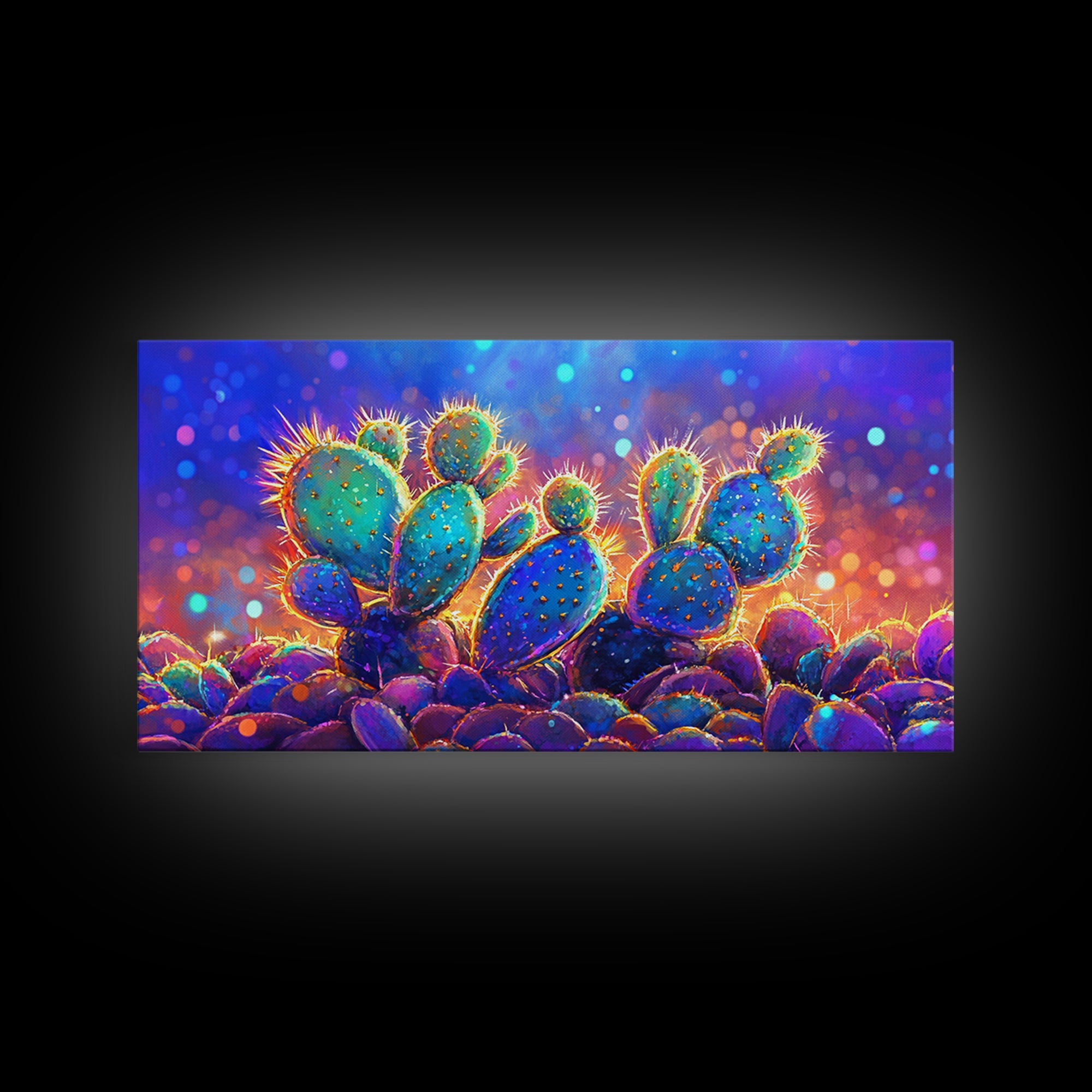 Glowing Prickly Pear Cactus At Twilight Wall Art, Vibrant Desert Canvas, Colorful Southwestern Decor, Boho Living Room Print