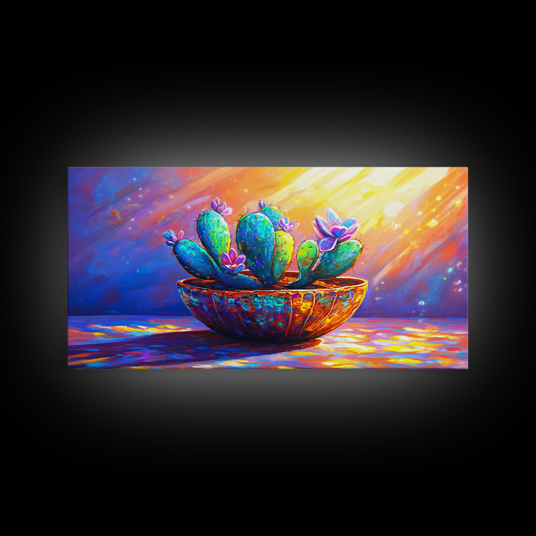 Sunlit Blooming Cactus In Rustic Bowl Canvas Print, Colorful Desert Botanical Art, Southwestern Kitchen And Living Room Decor