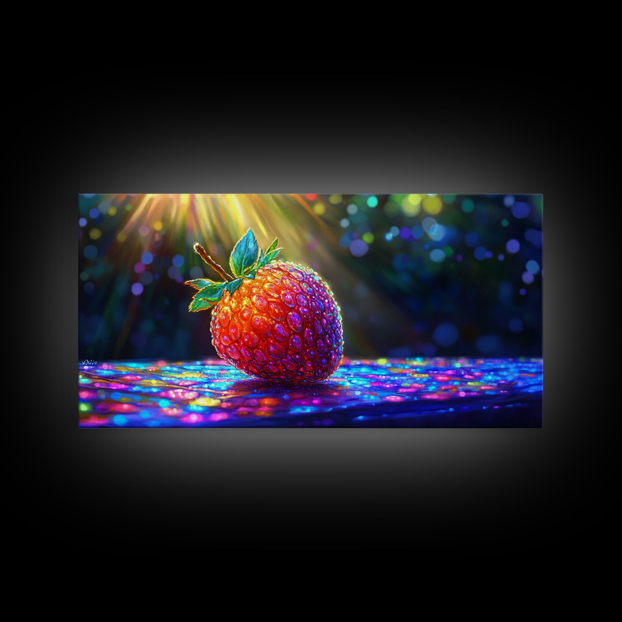 Glowing Strawberry Under Sunbeams Canvas Print, Colorful Fruit Wall Art, Whimsical Kitchen Decor And Food Lover Gift Idea