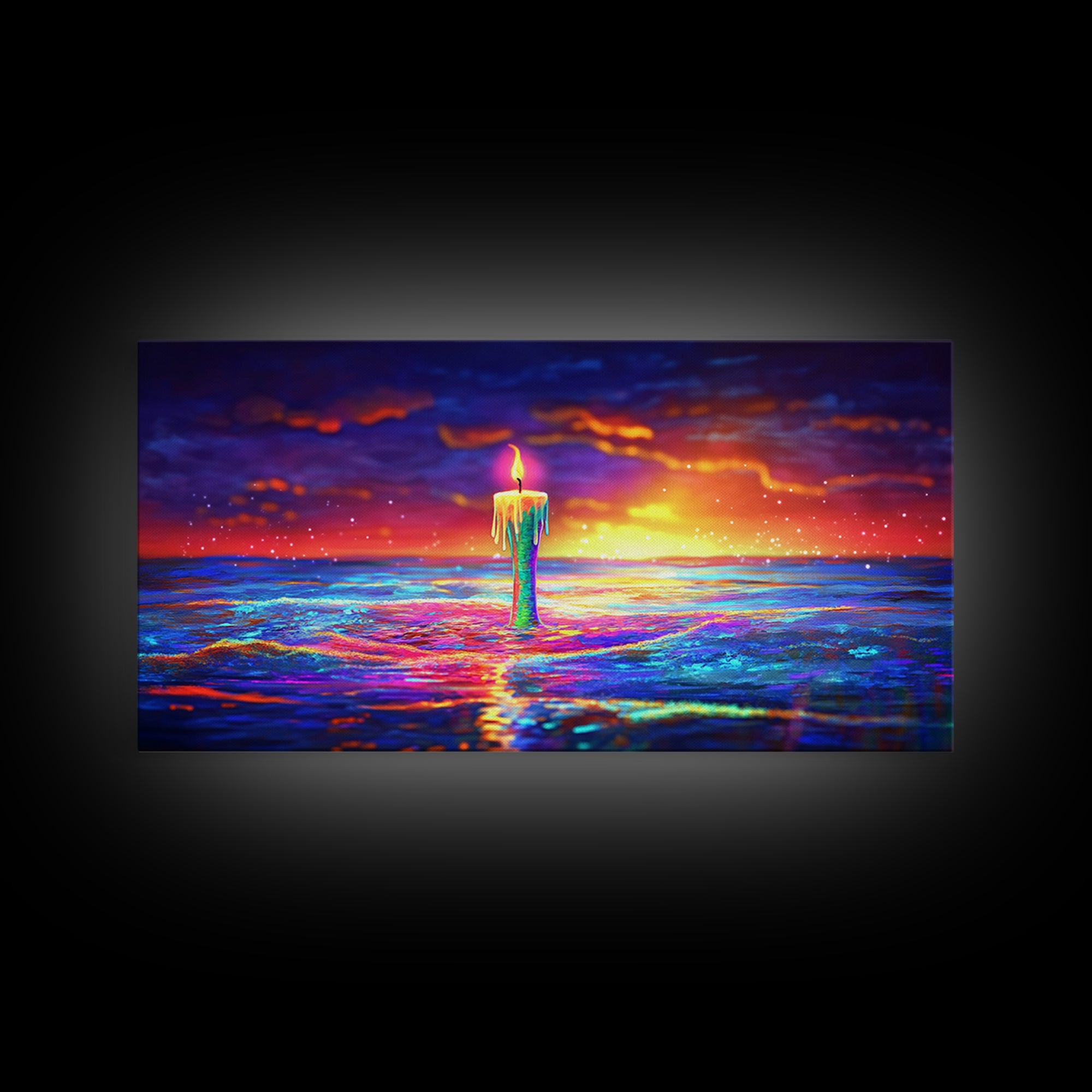 Tall Candle Burning Over Sunset Sea Wall Art, Colorful Seascape Canvas, Coastal Meditation Home Decor And Serene Ocean Print