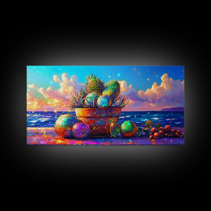 Prickly Pear Cactus Basket Wall Art, Coastal Tropical Still Life, Beach House Decor, Colorful Fruit Print, Summer Canvas