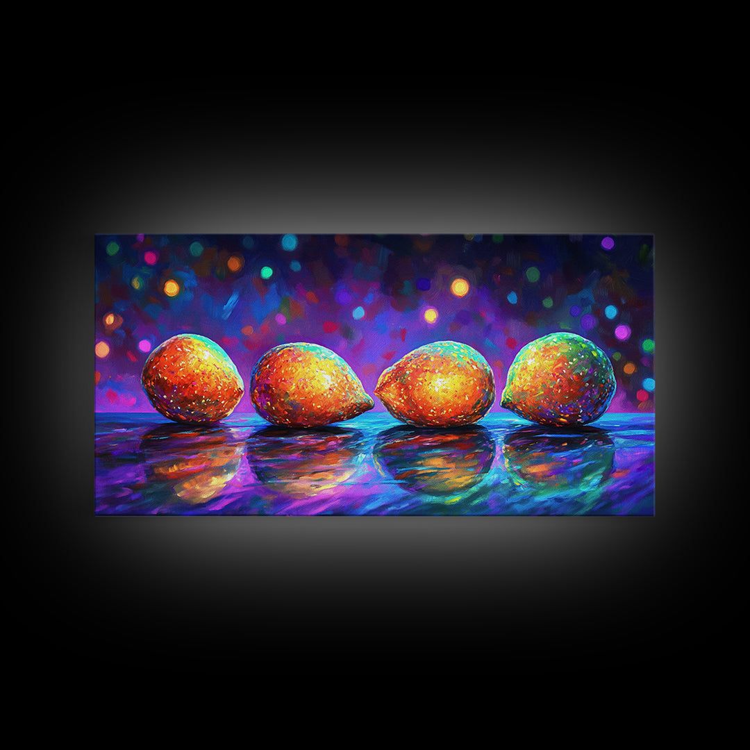 Four Bright Mangoes Wall Art, Colorful Fruit Still Life, Modern Kitchen Decor, Tropical Art Print, Vibrant Dining Room Canvas