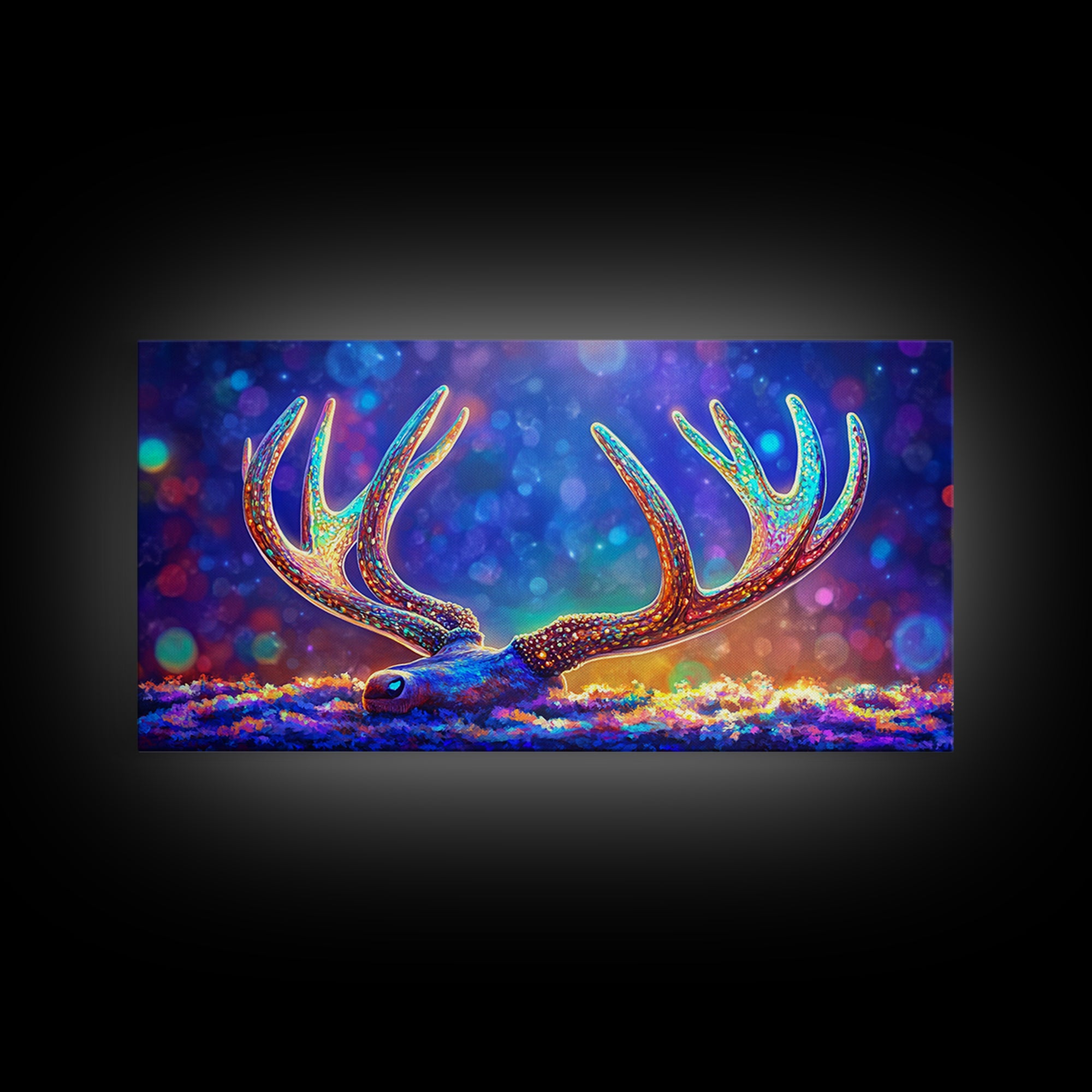 Glowing Deer Antlers Wall Art, Surreal Wildlife Print, Colorful Nature Decor, Rustic Cabin Gift, Whimsical Animal Canvas