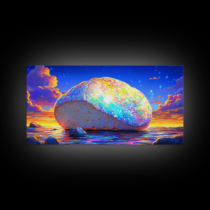 Glowing Rainbow Sea Stone At Sunset Wall Art, Colorful Coastal Canvas, Surreal Beach Decor, Ocean Landscape Living Room Print