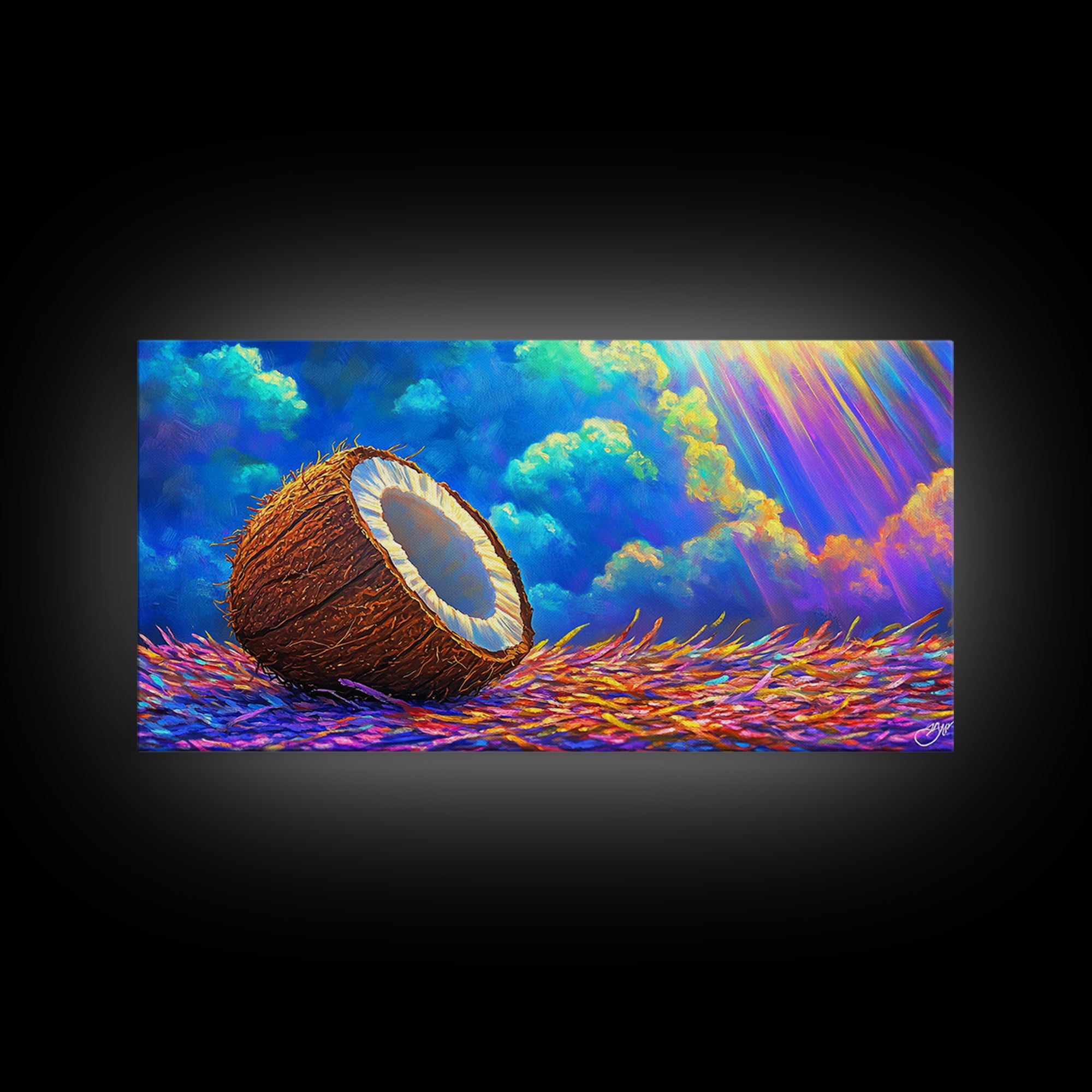 Sunlit Coconut On Tropical Straw Canvas Print, Beach House Wall Art, Coastal Decor, Vibrant Ocean Wall Decor Gift For Summer Home Decor
