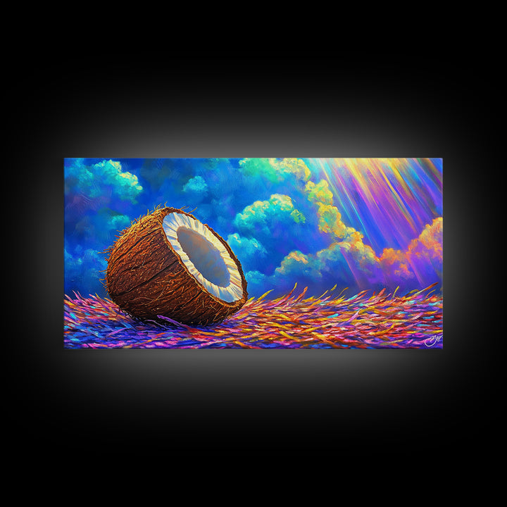 Sunlit Coconut On Tropical Straw Canvas Print, Beach House Wall Art, Coastal Decor, Vibrant Ocean Wall Decor Gift For Summer Home Decor