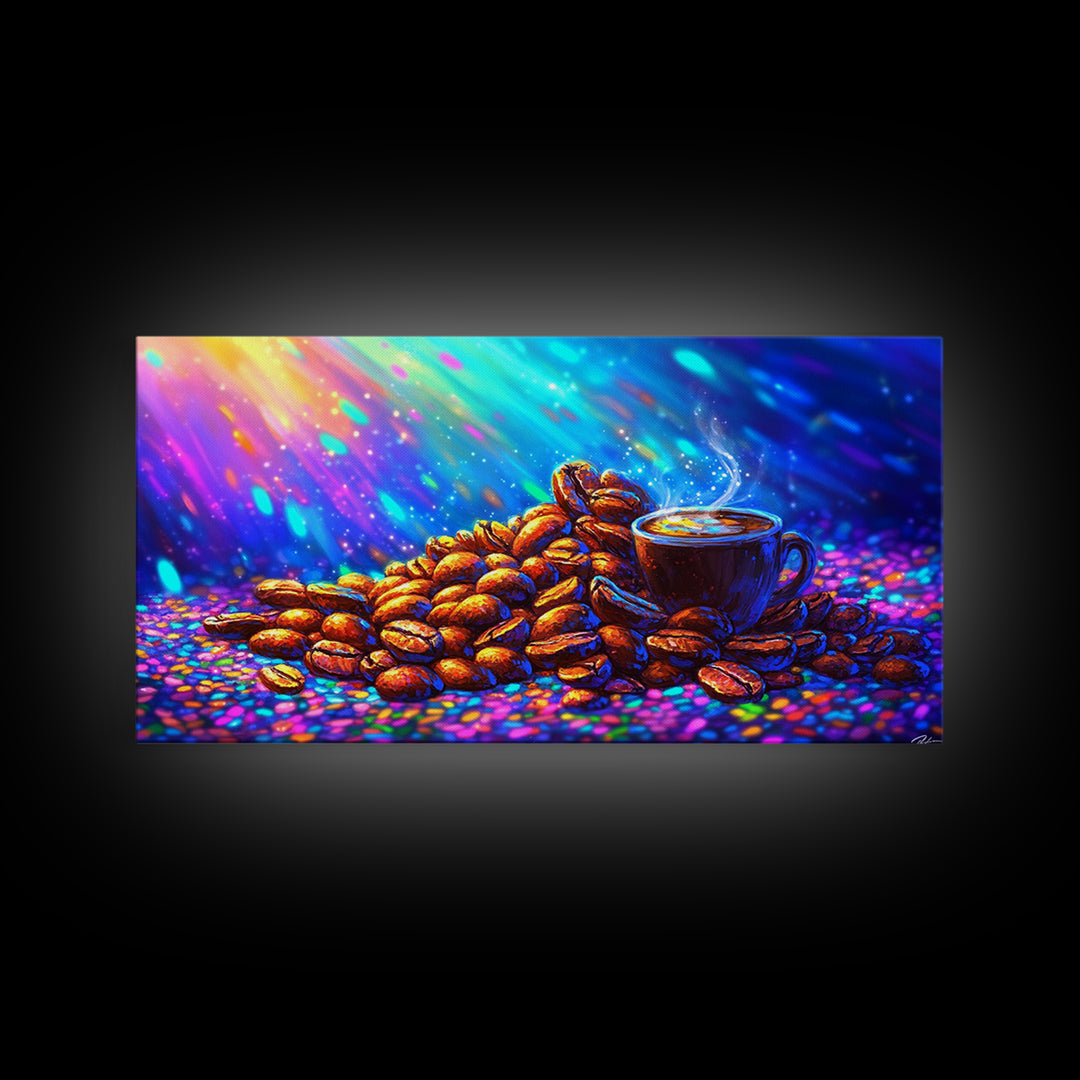 Steaming Coffee Cup With Roasted Beans Canvas Print, Coffee Bar Wall Art, Kitchen Decor, Cafe Poster Gift For Coffee Lover