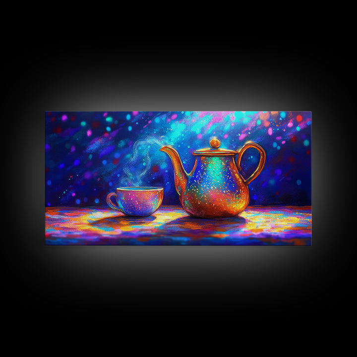 Iridescent Teapot And Teacup Still Life Canvas Print, Colorful Kitchen Wall Art, Tea Lover Gift, Modern Home Decor, Dining Room Print