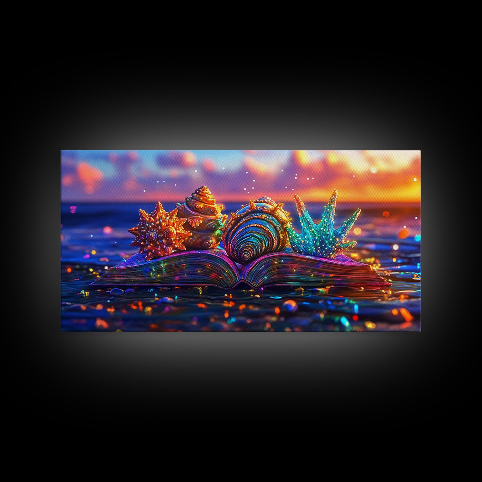 Glowing Seashells On Open Book Framed Canvas Print, Coastal Wall Art, Beach House Decor, Ocean Lover Gift For Her, Nautical Home Decor
