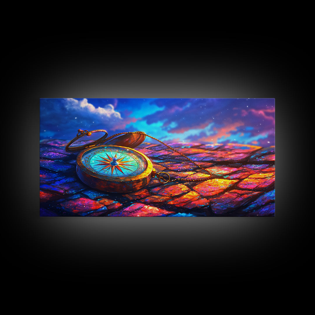 Antique Compass On Rainbow Cobblestones Canvas Print, Travel Wall Art, Wanderlust Decor, Nautical Office Decor Gift For Him