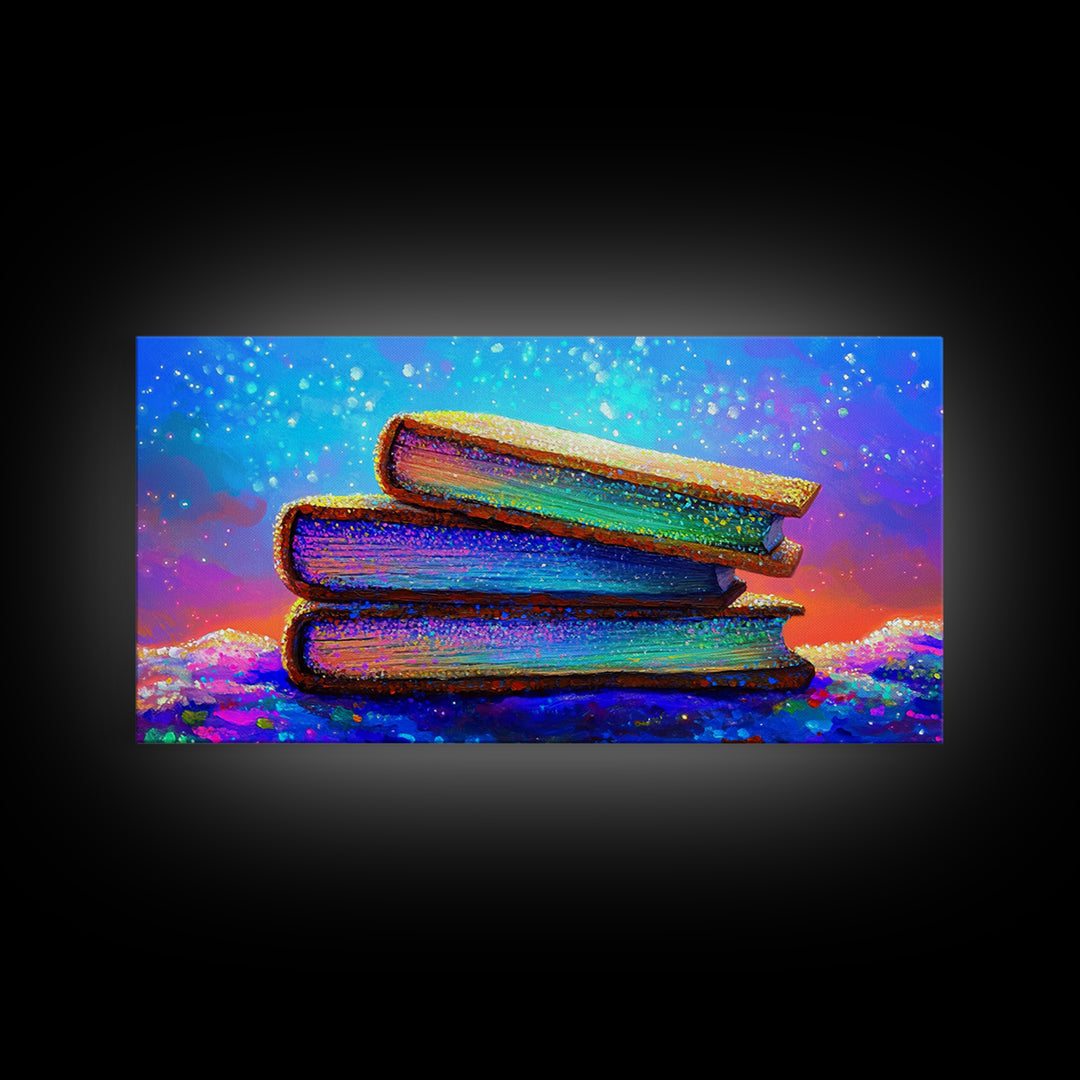 Stacked Rainbow Books Under Starry Sky Canvas Print, Book Lover Wall Art, Library Decor, Cozy Reading Nook Gift For Home Office Decor