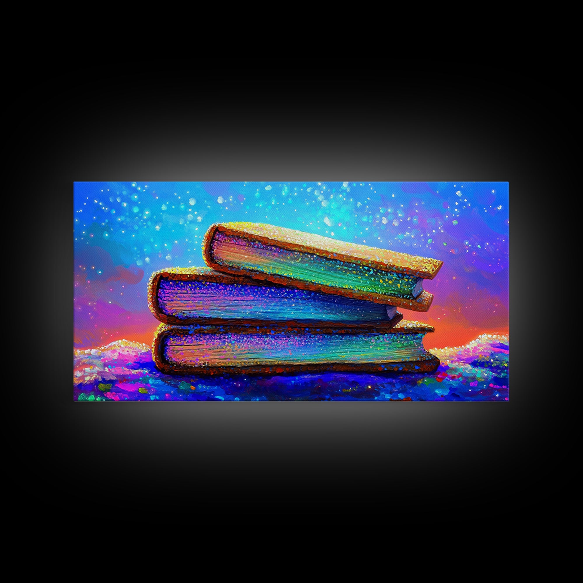 Stacked Rainbow Books Under Starry Sky Canvas Print, Book Lover Wall Art, Library Decor, Cozy Reading Nook Gift For Home Office Decor