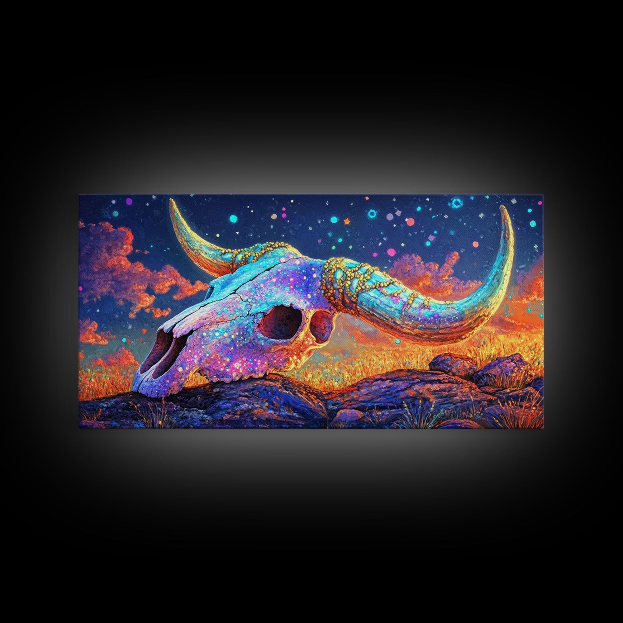 Iridescent Longhorn Skull Desert Sunset Wall Art, Western Decor, Cow Skull Canvas Print, Southwestern Home Decor Gift For Him