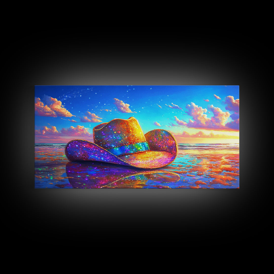 Sparkling Cowboy Hat On Sunset Beach Wall Art, Western Coastal Decor, Cowgirl Canvas Print, Beach House Gift For Her, Home Decor
