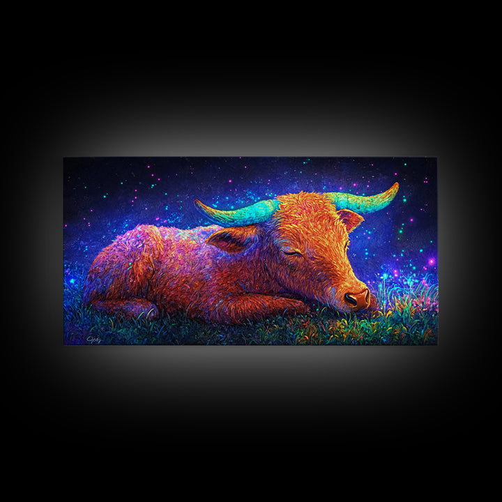 Sleeping Longhorn Cow Under Starry Sky Wall Art, Western Animal Canvas Print, Rustic Farmhouse Decor, Gift For Him, Home Decor