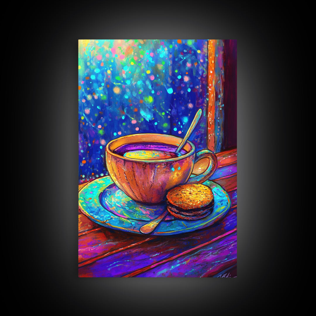 Cozy Tea Cup And Cookie Canvas Print, Coffee Shop Wall Art, Cafe Decor, Kitchen Wall Decor, Whimsical Foodie Gift For Dining Room Prints