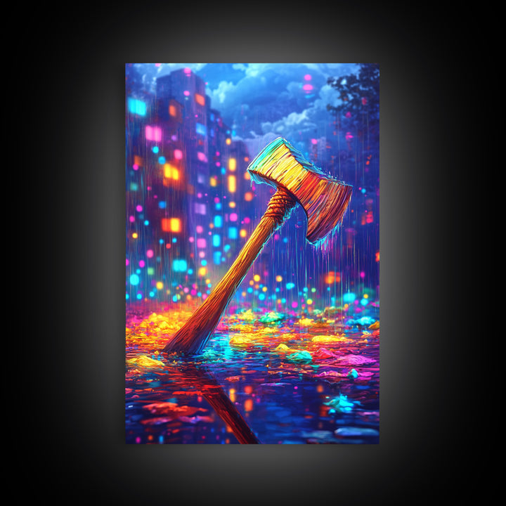 Neon Axe In Rainy City Framed Canvas Print, Cyberpunk Wall Art, Dystopian Decor, Gamer Room Art, Unique Gift For Him, Home Decor