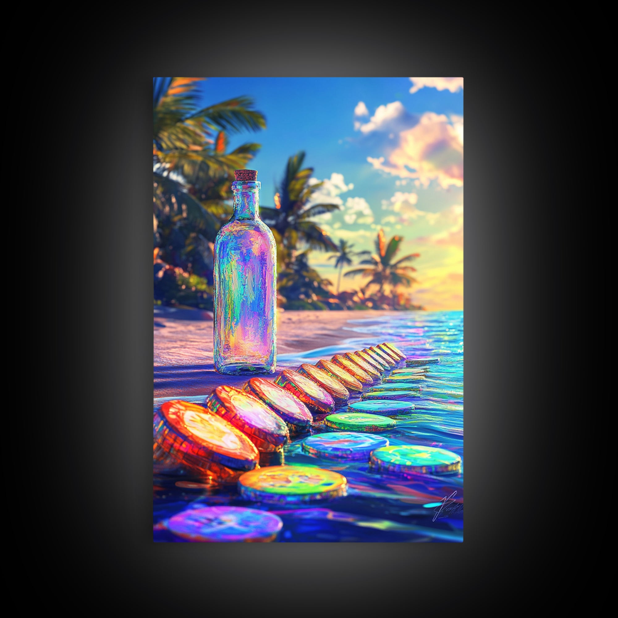 Rainbow Glass Bottle On Tropical Beach Canvas Print, Coastal Wall Art, Beach House Decor, Ocean Art Print, Summer Home Decor