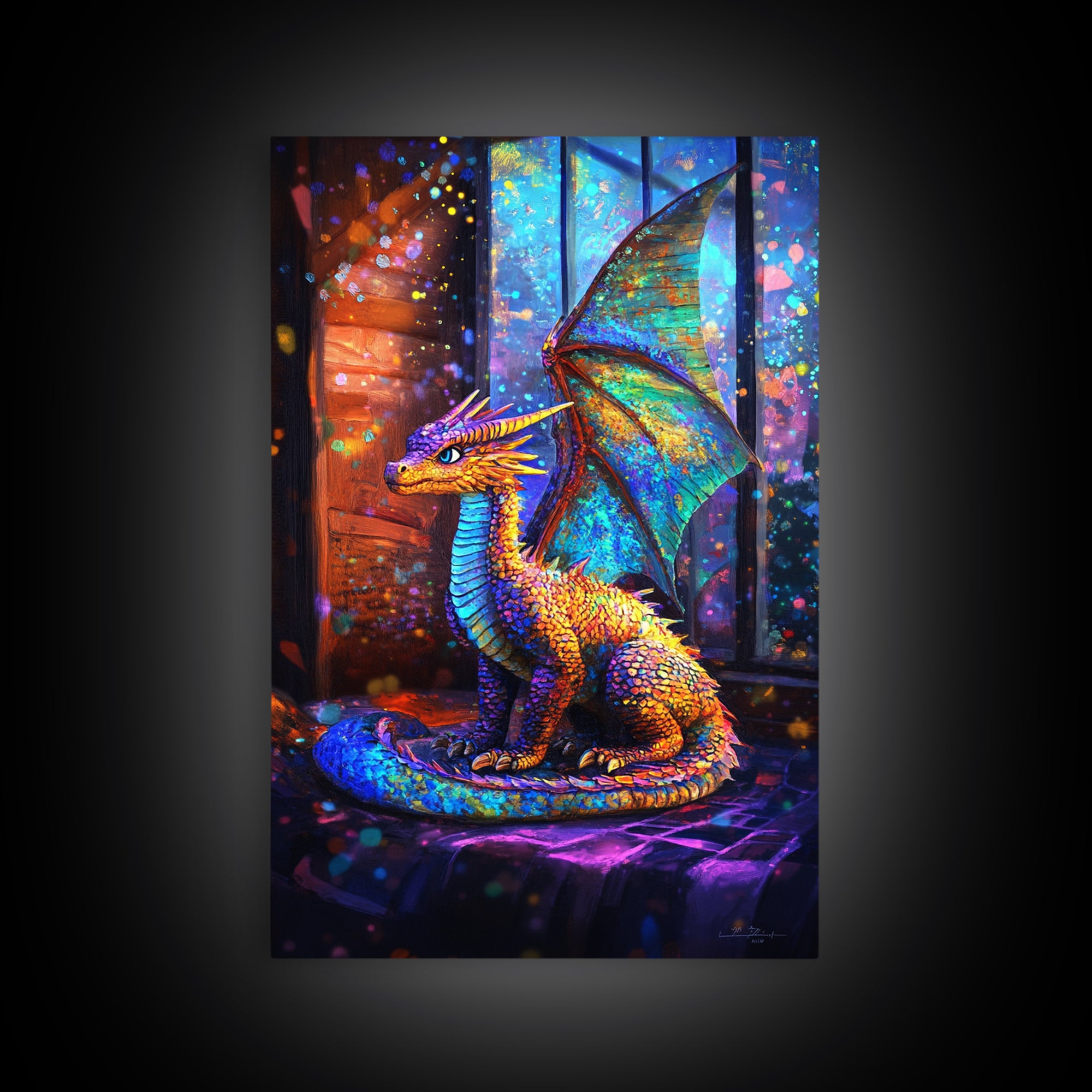 Iridescent Baby Dragon On Windowsill Wall Art, Fantasy Art, Whimsical Decor, Kids Room Art, Dragon Gift, Framed Canvas Print