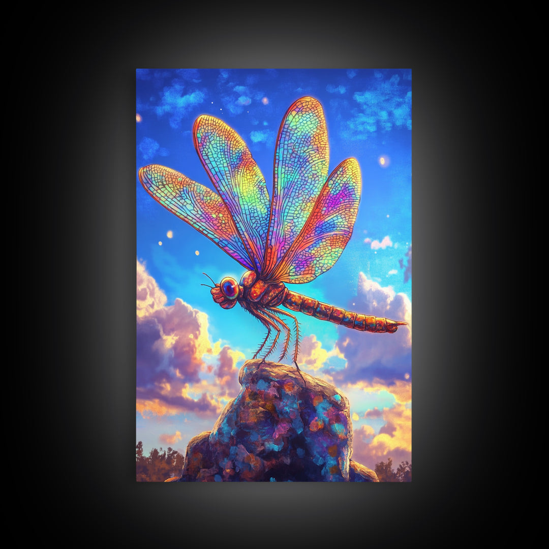 Stained Glass Dragonfly On Rock Canvas Print, Colorful Wildlife Art, Nature Wall Art, Whimsical Decor, Nature Lover Gift