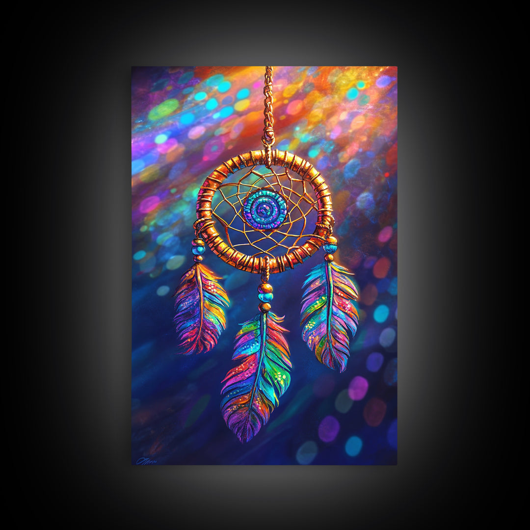 Rainbow Feather Dreamcatcher Wall Art, Boho Wall Decor, Spiritual Art, Celestial Decor, Whimsical Gift, Framed Canvas Print