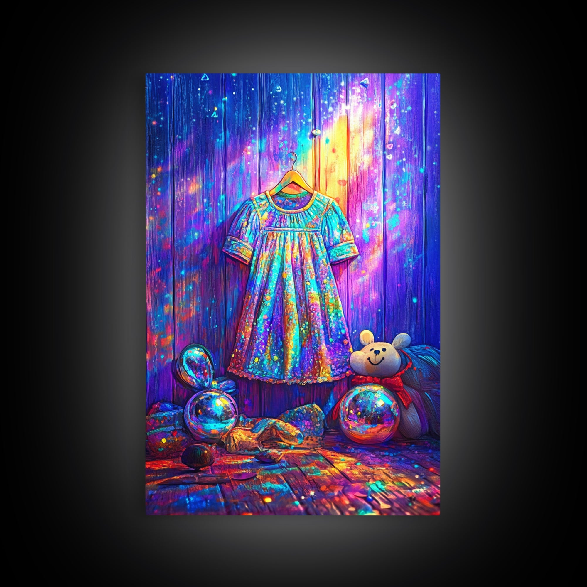 Sparkling Rainbow Toddler Dress With Toy Bear Wall Art, Colorful Nursery Decor, Girls Room Art, Whimsical Kids Room Print