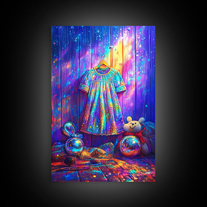 Sparkling Rainbow Toddler Dress With Toy Bear Wall Art, Colorful Nursery Decor, Girls Room Art, Whimsical Kids Room Print