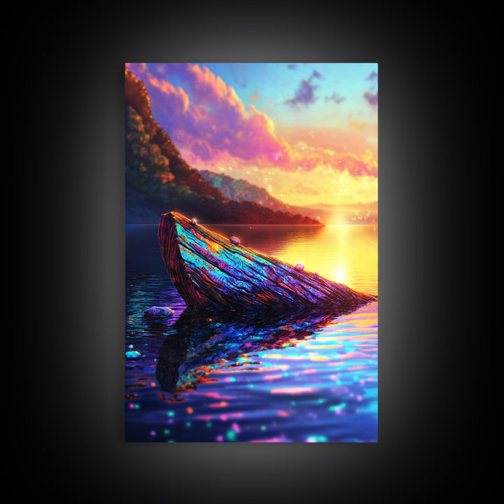 Iridescent Driftwood Boat On Mountain Lake Canvas Print, Sunset Landscape Art, Coastal Wall Decor, Colorful Nature Print