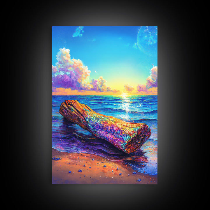 Rainbow Driftwood Log On Sunny Ocean Beach Canvas Print, Coastal Wall Art, Seascape Decor, Beach House Art, Large Wall Decor