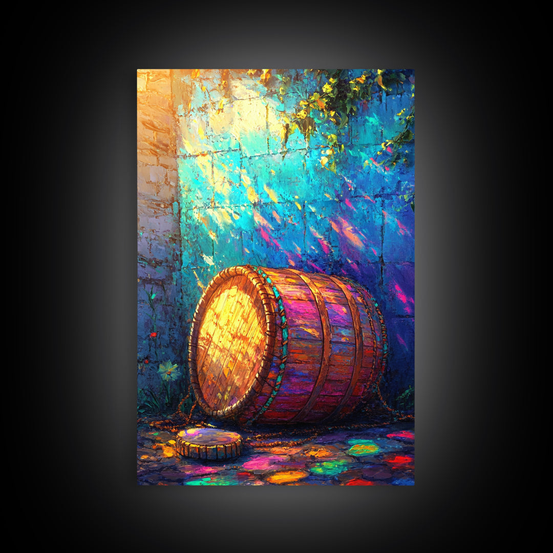 Sunlit Wooden Barrel Against Turquoise Wall Canvas Print, Rustic Kitchen Wall Art, Farmhouse Decor, Colorful Courtyard Print
