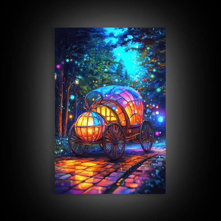 Glowing Pumpkin Carriage In Forest Canvas Print, Fairytale Wall Decor, Whimsical Nursery Art, Fantasy Room Decor Gift For Girls Room