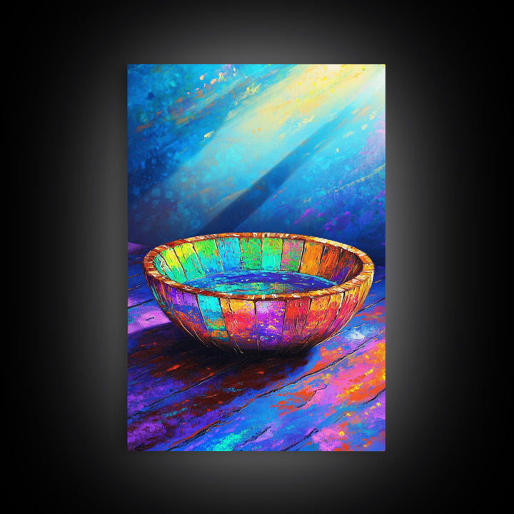 Rustic Rainbow Wooden Bowl Canvas Print, Colorful Kitchen Wall Art, Modern Farmhouse Decor, Wabi Sabi Art, Housewarming Gift