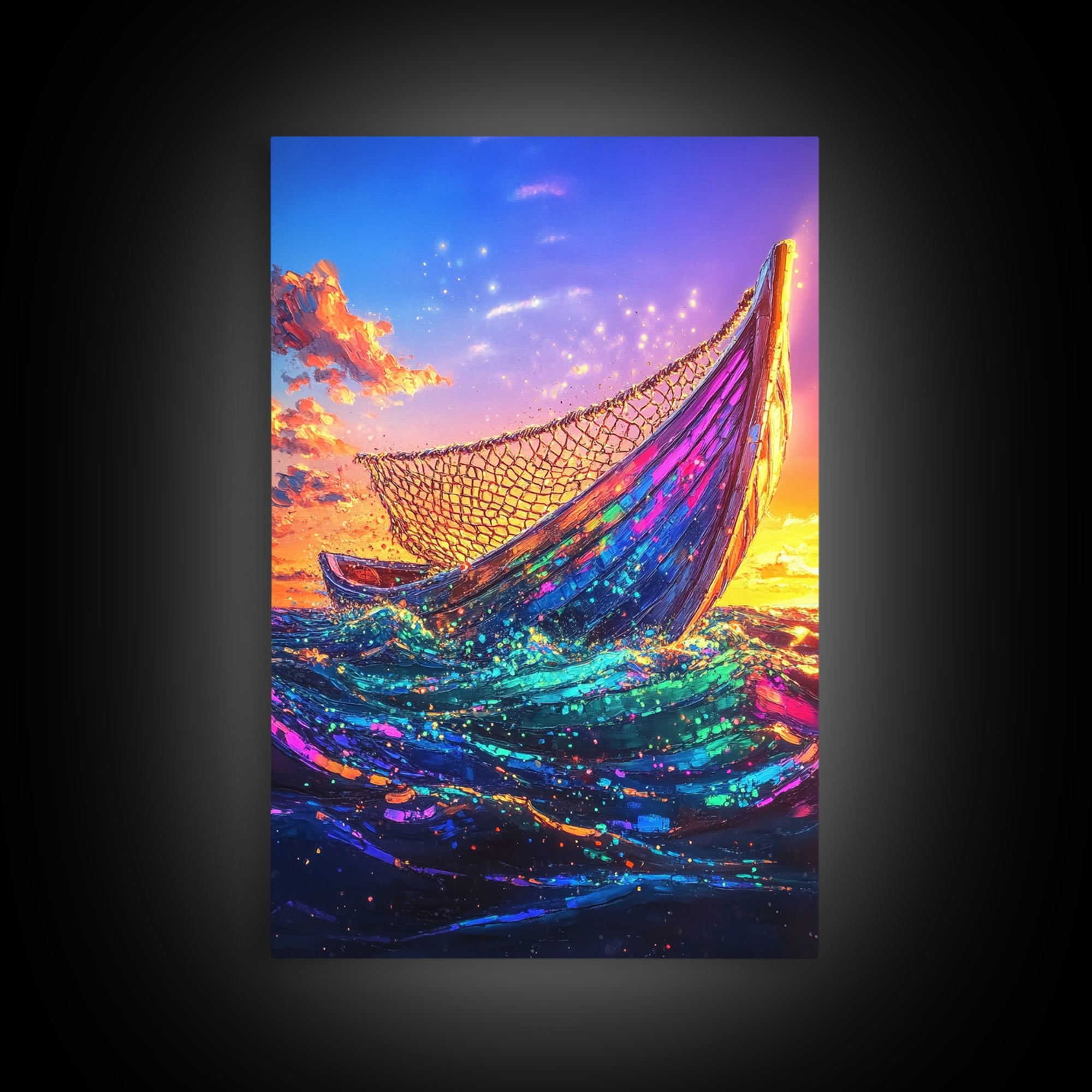 Glowing Fishing Boat At Sunset Framed Canvas Print, Ocean Wall Art, Coastal Decor, Nautical Seascape, Beach House Living Room Decor Gift