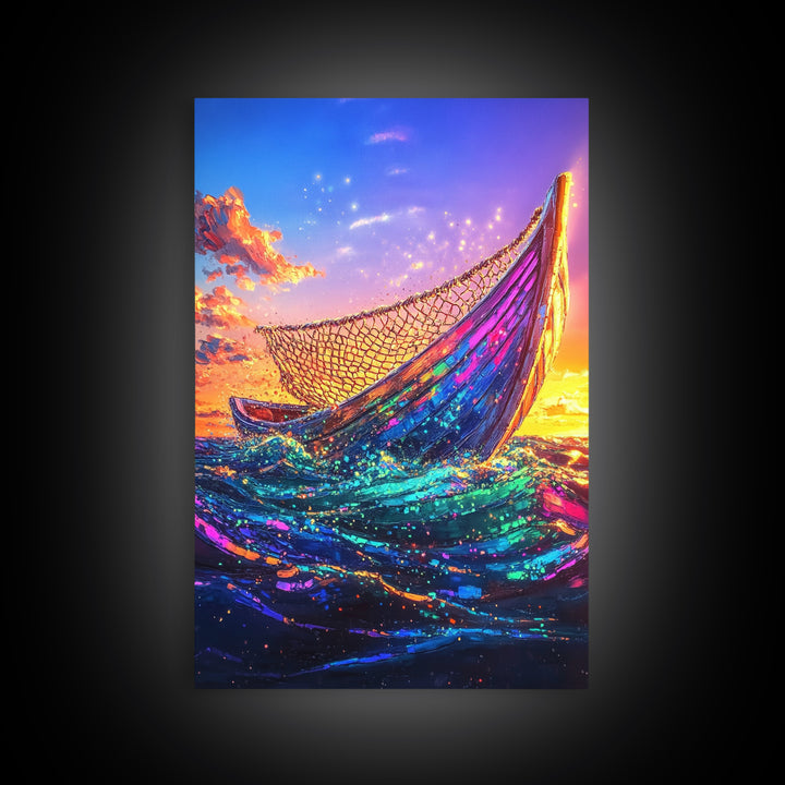 Glowing Fishing Boat At Sunset Framed Canvas Print, Ocean Wall Art, Coastal Decor, Nautical Seascape, Beach House Living Room Decor Gift