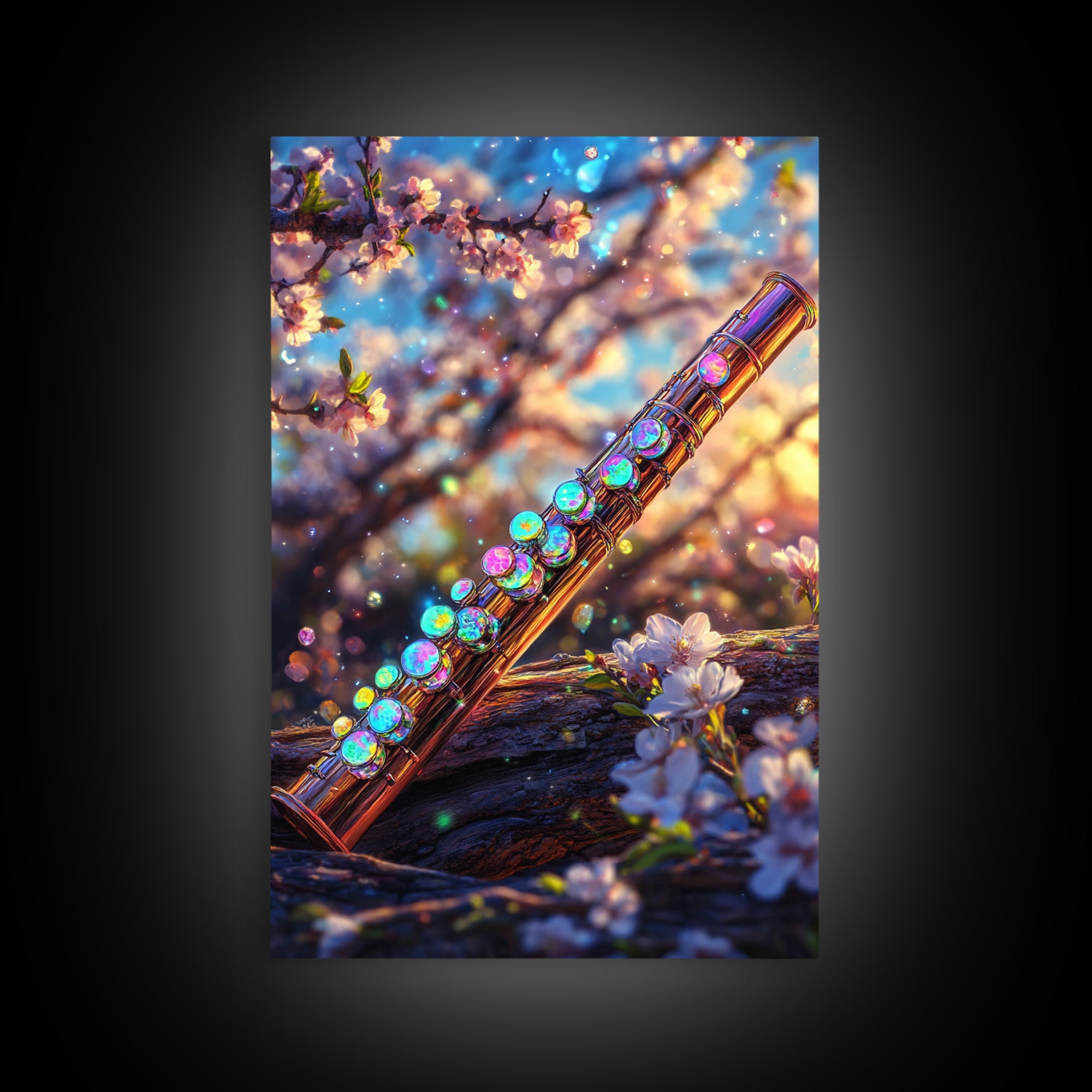 Jeweled Flute With Cherry Blossoms Canvas Print, Music Wall Art, Japanese Floral Spring Decor, Elegant Music Room Wall Decor